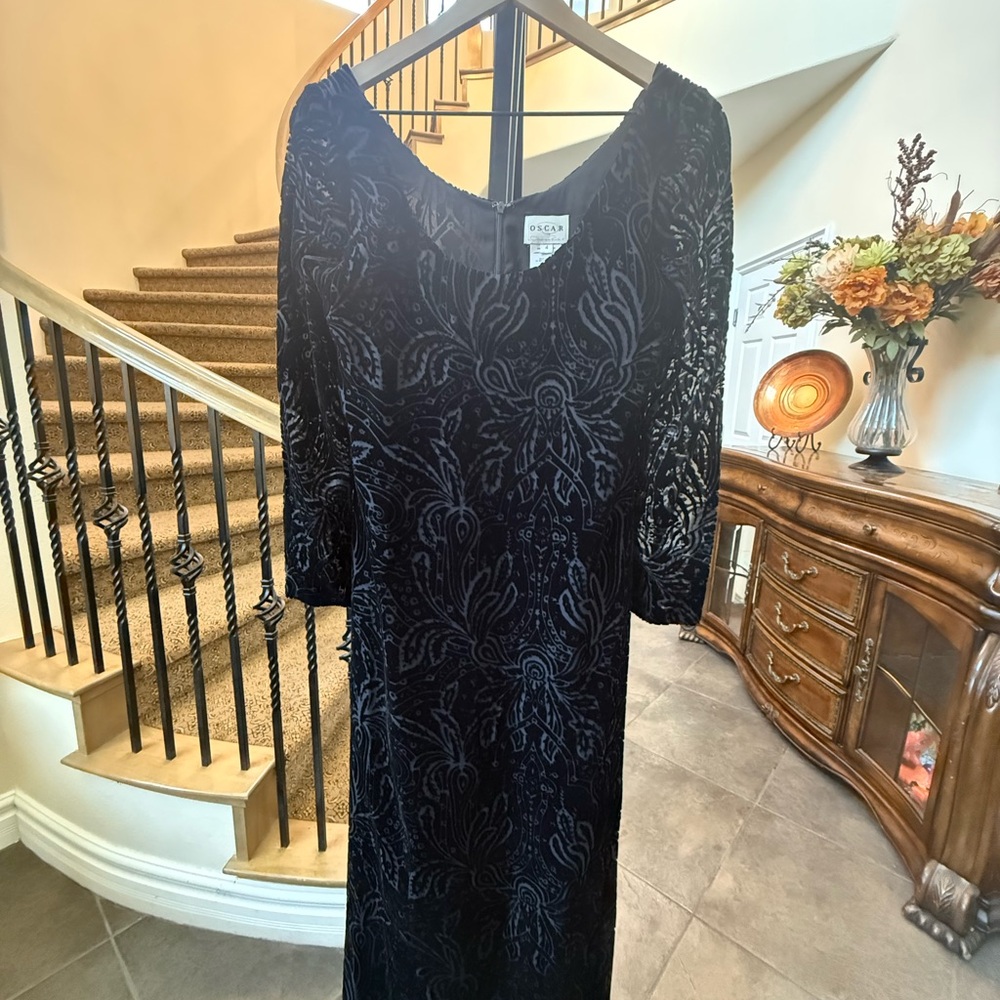 Oscar de la Renta Black Velvet Long Sleeve Dress Gown VTG
